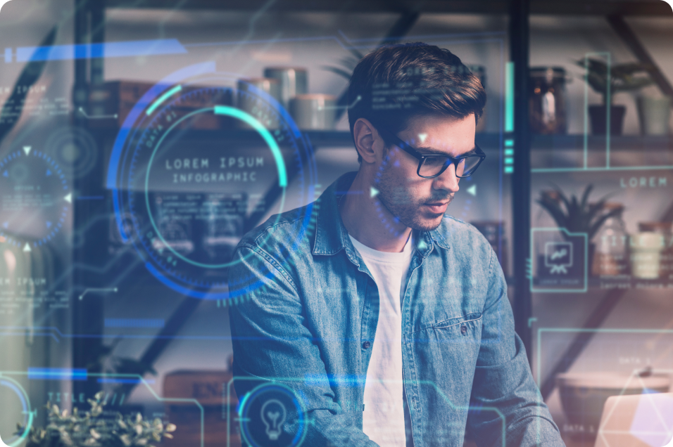 IT is what we do best, so that you can keep doing what you do best. Man working hard over a computer screen, focusing on IT data.